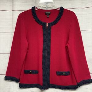 Talbots Pure Merino Wool Zip Front Cardigan Sweater Red Navy Blue Trim Size M
